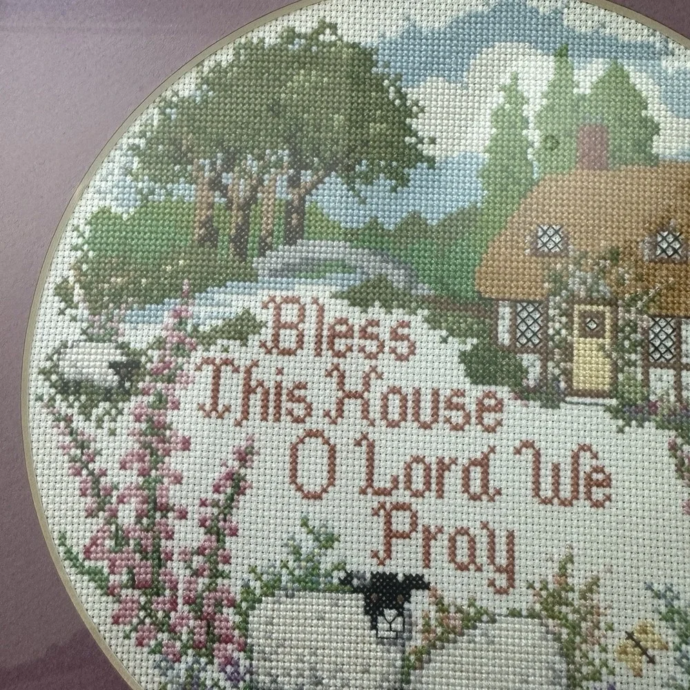 Vintage Bless This House‎ Cross Stitch Art Framed 13x13 Inch Christian Prayer